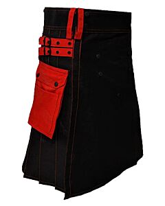 Black Deluxe Utility Kilt With Red Cargo Pockets